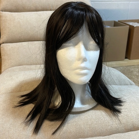 NWT 16-17”natural black brown hint straight blended human mix topper round bangs - Picture 4 of 16
